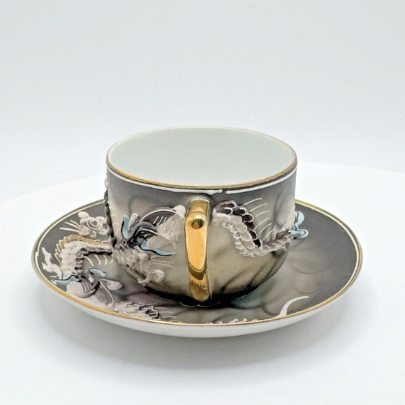 Vintage Geisha Lithophane Dragonware Small Teacup & Saucer Moriage Black Japan - Picture 2 of 16